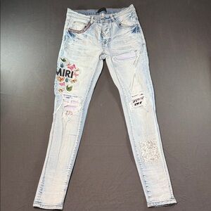 AMIRI Light Blue Jeans with Colorful Embroidery